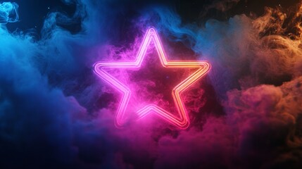 Aufkleber - Neon pink star surrounded by vibrant colorful smoke in dark atmospheric background. Futuristic design and artistic expression concept