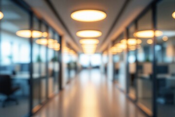 Poster - Blurred office corridor with warm lights and glass partitions in modern workspace.