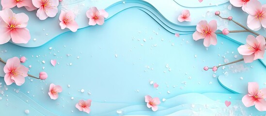 Poster - Sakura pink cherry blossoms in the top corners against a soft blue background with wavy textures creating a serene space for text and design.