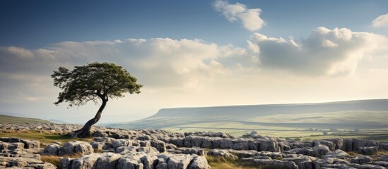Leinwandbilder - Lone tree stands against a rugged limestone landscape in the Yorkshire Dales under a blue sky with fluffy clouds creating an inviting copy space.