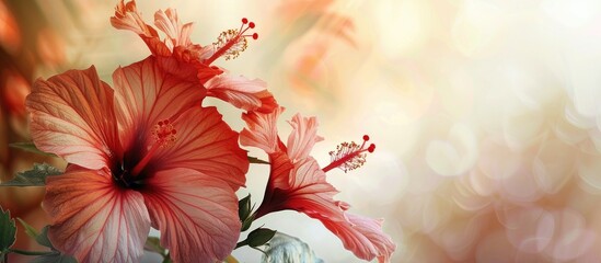 Leinwandbilder - Vibrant red hibiscus flowers with delicate white accents on a soft, blurred pastel background creating a tranquil and refreshing atmosphere.