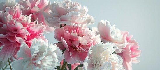 Aufkleber - Delicate pink and white peonies in full bloom on a soft blue background with ample white copy space for text placement and elegance.