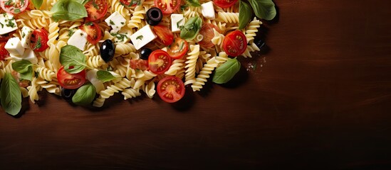 Poster - Colorful pasta salad with mozzarella olives and cherry tomatoes arranged on dark wooden background with plenty of copy space for text.