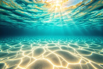 Poster - Sunlight streaming through turquoise water, illuminating ocean floor with golden ripples, creating serene underwater atmosphere.