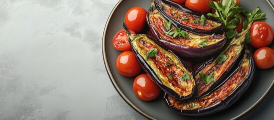 Poster - Baked eggplant stuffed with tomatoes and herbs on a dark plate with fresh cherry tomatoes arranged alongside, top view image with neutral background