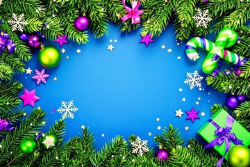 Poster - Festive Christmas background with green fir branches, ornaments, candy canes, and gift boxes on a vibrant blue backdrop.