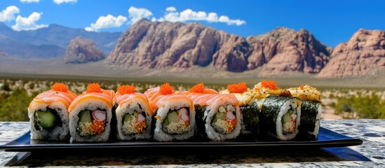 Poster - Delicious sushi platters on a black plate in the foreground with serene mountains and blue sky in the background showcasing nature's beauty