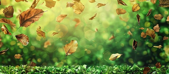 Leinwandbilder - Nature background with dry brown leaves scattered on vivid green grass, gentle bokeh effect in the background, ample copy space at center.