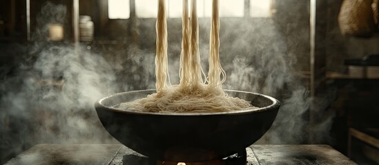 Aufkleber - Steam rising from a dark bowl as noodles are poured in with a blur effect captured in a warm, dimly lit kitchen setting.