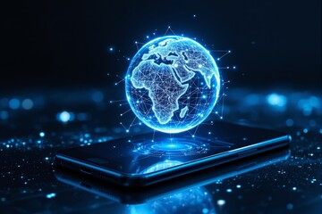Poster - Digital globe with network lines above smartphone on dark glowing background.