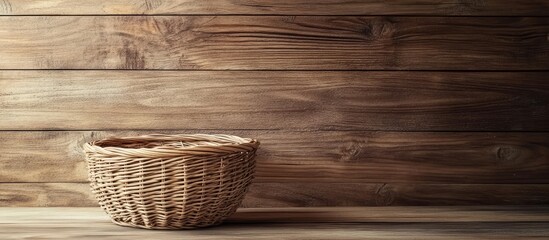 Aufkleber - Round rattan basket positioned on the left of a rustic wooden background with warm brown tones enhancing the natural texture and warmth.