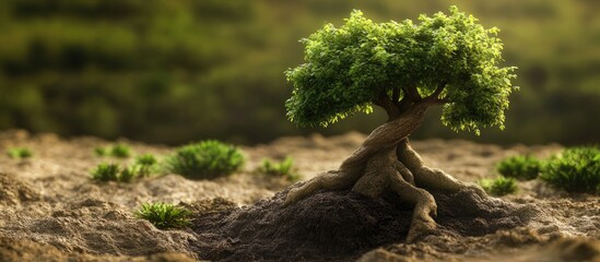 Fototapete - Low angle view of moss covered tree trunk with vibrant green leaves and blurred foliage in the background evoking nature and tranquility