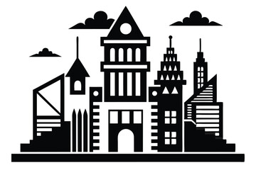 Poster - A skyline design showcases a variety of buildings with unique shapes amidst stylized clouds above, Create a design using only black and white to represent the concept of building