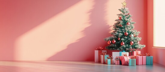Poster - Cozy living room corner featuring a Christmas tree adorned with ornaments beside beautifully wrapped pink and turquoise gifts against a pink wall.