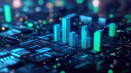 Fototapete - A detailed D financial bar graph with rising bars in blue and green tones, set against a modern digital grid background with glowing elements.