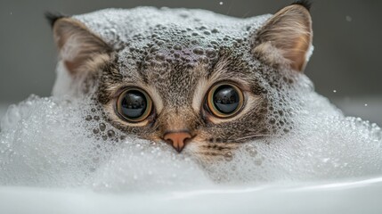Poster - A dramatic close-up of a cats face covered in bubbles during bath time, with wide eyes and a curious expression, highlighting its playful personality.