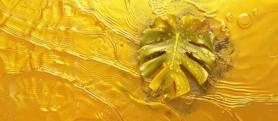 Aufkleber - Close-up view of a green monstera leaf submerged in vibrant yellow liquid showcasing intricate textures and organic shapes with light reflections.
