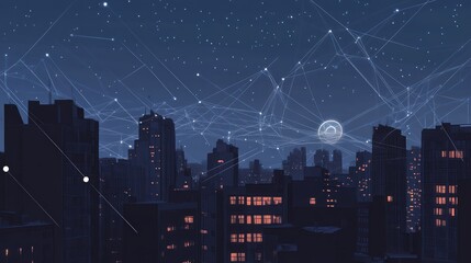 Poster - Night city skyline, network connections, moonlit sky, digital background, tech illustration