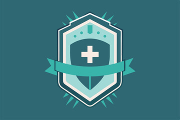 Poster - A sleek emblem featuring a shield and cross, showcasing innovation and modern design elements, Create a minimalist emblem for a cutting-edge healthcare device