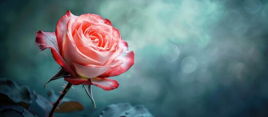 Aufkleber - Stunning macro shot of a pink rose with intricate details on a blurred blue-green background, emphasizing the flower's vibrant colors and textures.