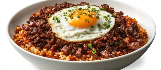 Poster - Savory Korean beef rice bowl with a fried egg topped with green onions served in a white bowl against a clean white background.