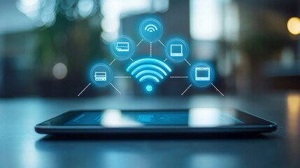 Aufkleber - A dynamic image of a Wi-Fi network diagram on a digital tablet, with various devices connected, emphasizing the importance of network management.