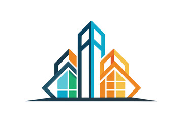 Poster - A creative logo showcasing geometric shapes representing modern buildings in vibrant colors, Create a minimalist logo with clean lines and geometric shapes