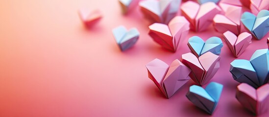 Poster - Colorful origami hearts in shades of pink and blue scattered diagonally across a soft gradient background transitioning from pink to coral.