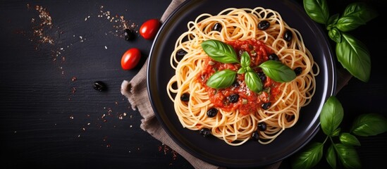 Aufkleber - Delicious spaghetti topped with vibrant red tomato sauce, fresh basil leaves, black olives, and cherry tomatoes on a dark wooden background.