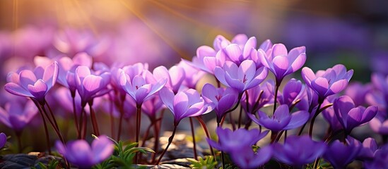 Poster - Vibrant purple Jeffersonia flowers bloom in a sunlit spring garden, with soft bokeh in the background and ample copy space in the foreground.