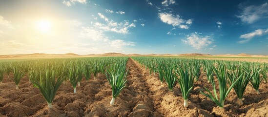 Poster - Expansive field of ripening green onions under a bright sky with scattered clouds, highlighting agricultural efforts in a desert landscape.