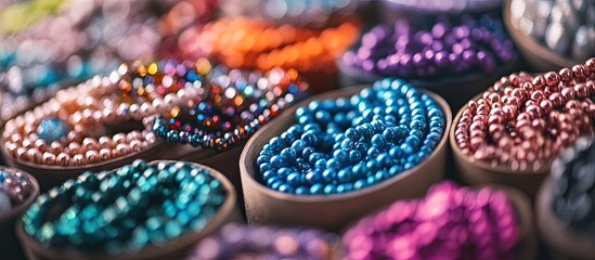 Poster - Vibrant assortment of colorful beads in circular containers arranged closely, featuring shades of blue, orange, purple, and metallic luster on a blurred background.