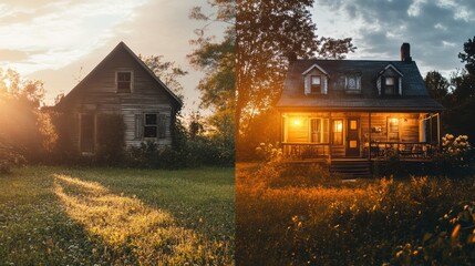 Aufkleber - Contrasting atmospheres of an abandoned house surrounded by nature and a beautifully restored cottage with warm lights. Generative AI