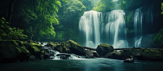 Aufkleber - Lush green forest surrounds a cascading waterfall with crystal clear waters and rocks in foreground creating serene nature scene with ample copy space
