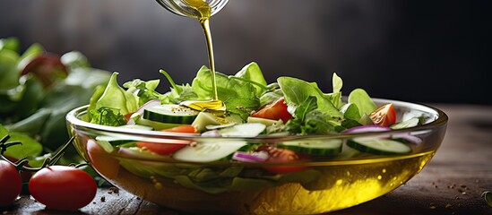 Poster - Fresh salad preparation featuring vibrant greens, cherry tomatoes, and cucumber slices with vegetable oil being drizzled into a clear bowl on a rustic wooden table.