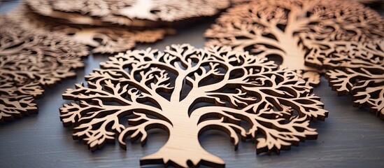 Poster - Intricately designed laser cut wooden tree embellishments arranged on a dark wooden surface with rich brown tones and detailed branches creating a natural aesthetic.