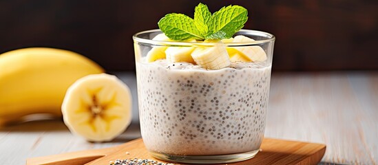 Poster - Chia pudding topped with fresh banana slices and mint, served in a glass on a wooden surface with a whole banana beside it.