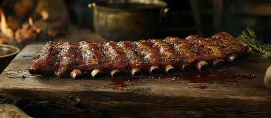 Poster - Whole seasoned ribs displayed on a rustic wooden cutting board with herbs, spices, and a warm kitchen background create a cozy food preparation scene