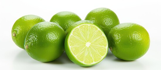 Poster - Fresh green limes arranged on a white background with one lime sliced in half showcasing its vibrant yellow interior and textured skin.