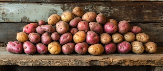 Poster - Freshly harvested assorted potatoes arranged on a rustic wooden shelf, featuring a mix of brown, red, and yellow hues in varying positions.