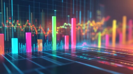 Leinwandbilder - A futuristic financial D bar graph showing rising bars in bright colors, floating against a digital grid background with financial symbols.