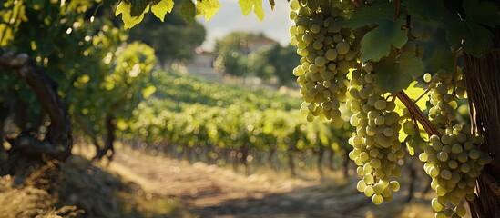 Fototapete - Vibrant green grape clusters hang in sunlight within a lush vineyard creating a rich warm scene with earthy tones and golden highlights.
