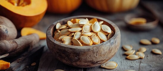 Poster - Raw organic pumpkin seeds in a rustic wooden bowl on a textured table surrounded by fresh pumpkin halves and seeds, showcasing natural colors and textures.