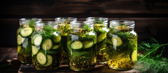 Poster - Cucumbers in jars with vibrant green dill and garlic showcasing home fermentation against a rustic wooden background in a warm, inviting setting