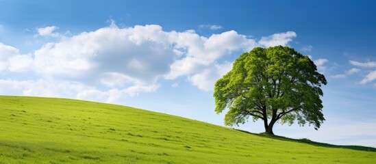 Leinwandbilder - Panoramic view of a lush green meadow with a large linden tree on a hill under a bright blue sky and fluffy clouds during summer.
