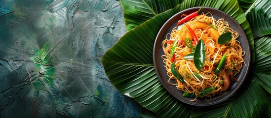 Aufkleber - Vibrant Asian noodles with red chilies and green peppers served on dark plate over lush banana leaves with textured background perfect for food photography