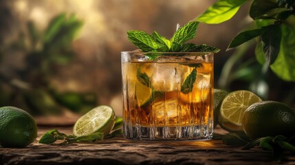 Poster - A highball glass filled with soda, garnished with fresh mint leaves and lime slices, resting on a textured stone surface with soft lighting.