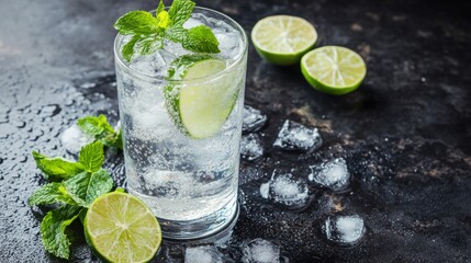 Poster - A highball glass filled with soda, garnished with fresh mint leaves and lime slices, resting on a textured stone surface with soft lighting.