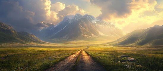Poster - Scenic winding dirt road leading to majestic mountains under a golden sunset sky with vibrant green meadows in the foreground and clouds above.