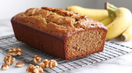 Poster - A loaf of banana bread cooling on a wire rack, surrounded by ripe bananas and a sprinkle of nuts, evoking a cozy baking atmosphere.